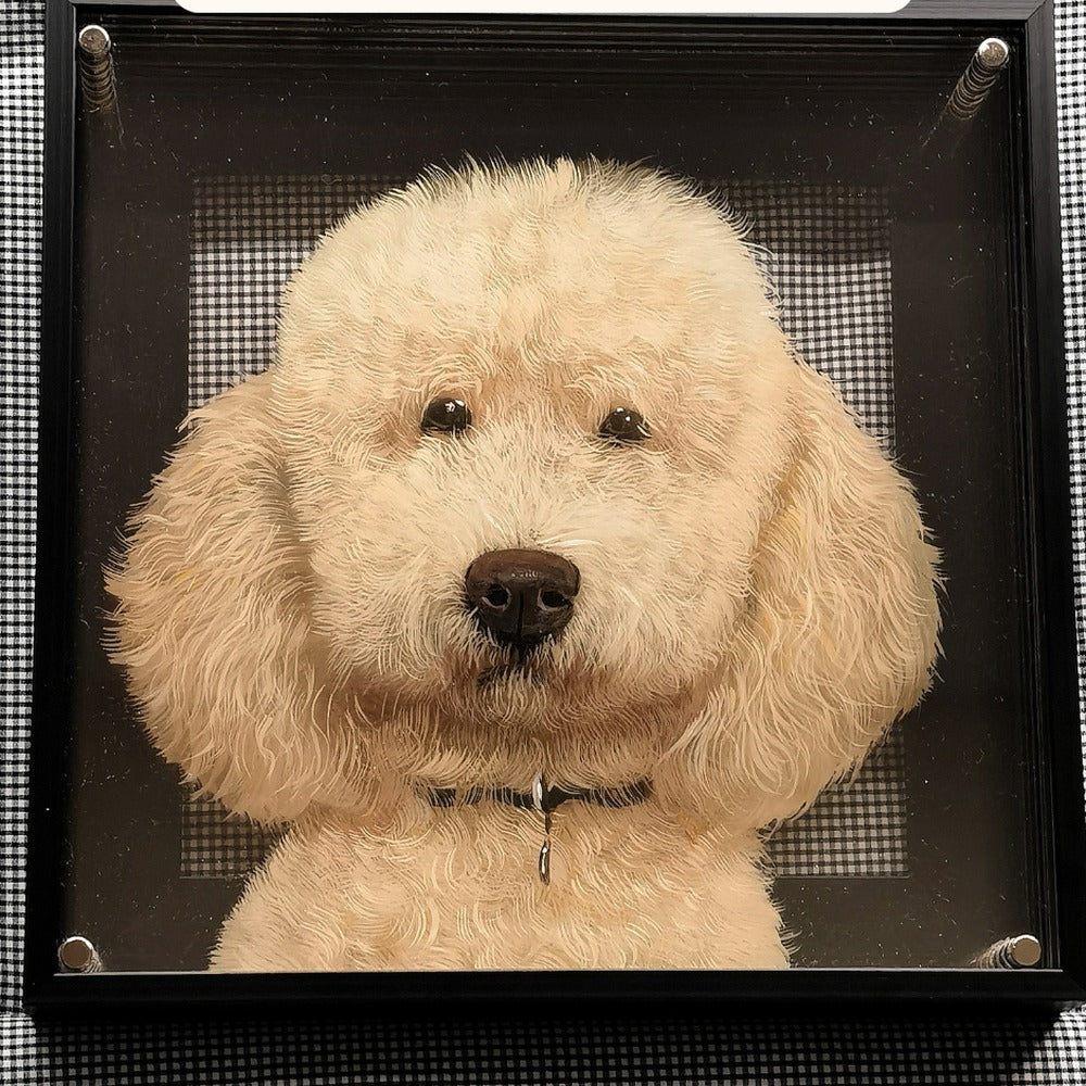 Hand-painted 3D pet portrait of a cream poodle in a black acrylic frame