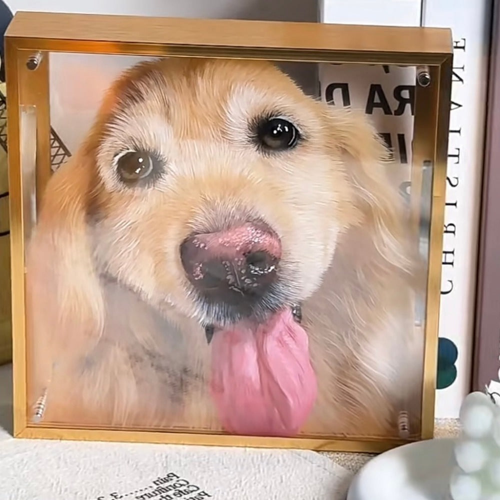 Hand-painted 3D pet portrait of a golden retriever in a gold acrylic frame