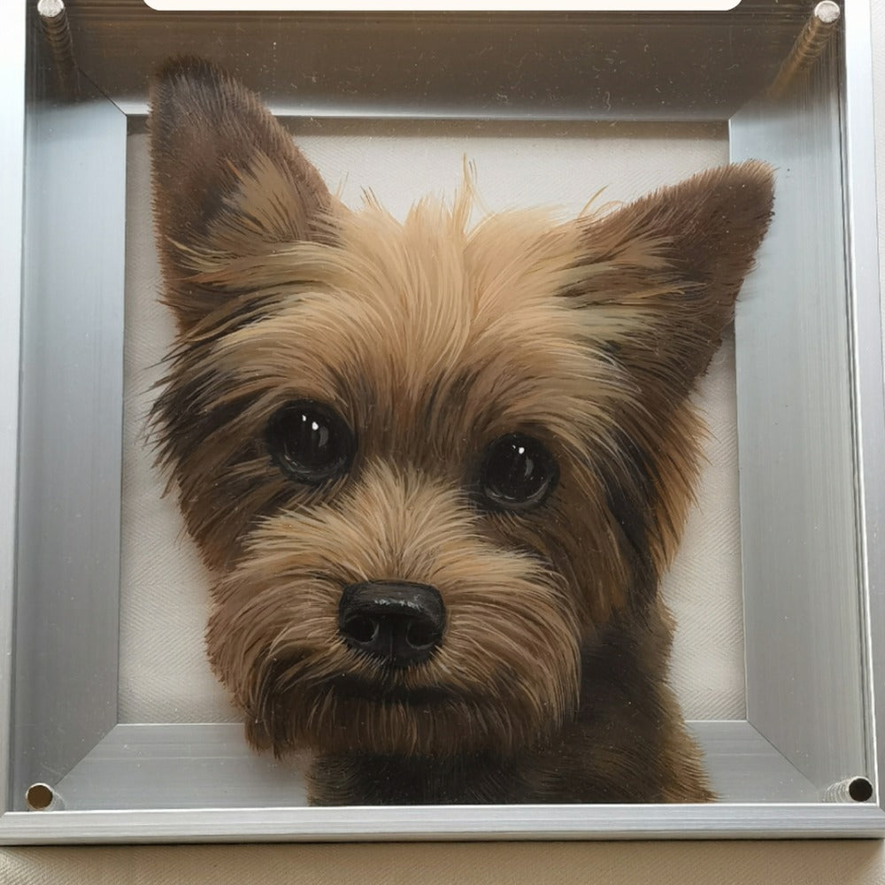 Hand-painted 3D pet portrait of a Yorkshire terrier in a silver acrylic frame