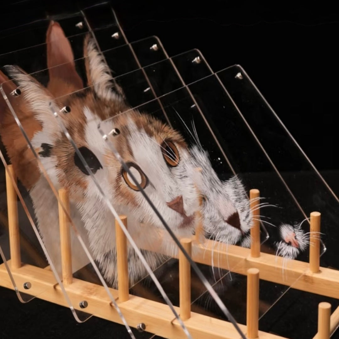 Hand-painted layered acrylic 3D pet portrait of a calico cat on a wooden stand